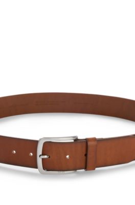 Ceinture en cuir italien avec boucle &agrave; logo grav&eacute;, Marron