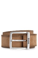 Suede belt with squared buckle and engraved logo, Light Brown
