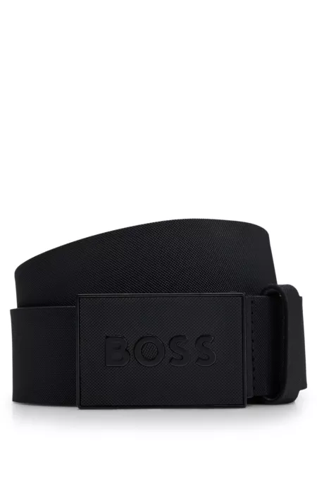 Italian leather belt with logo-plaque buckle
