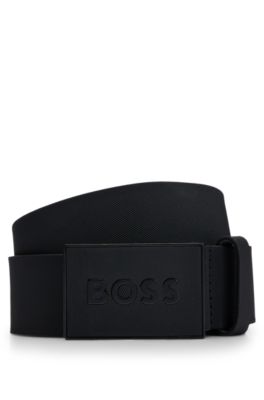 Ceinture en cuir italien avec boucle plate logot&eacute;e, Noir
