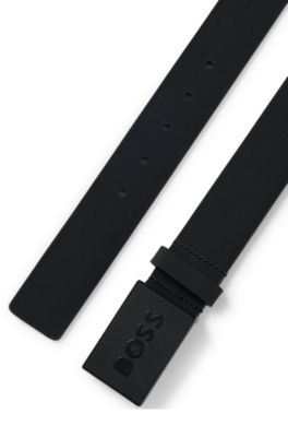 Italian leather belt with logo plaque buckle, Black