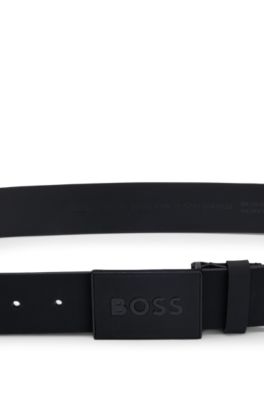 Italian leather belt with logo-plaque buckle, Black