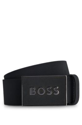 Italian leather belt with logo plaque buckle, Black