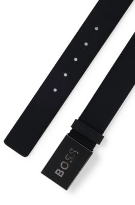 Italian leather belt with logo plaque buckle, Black