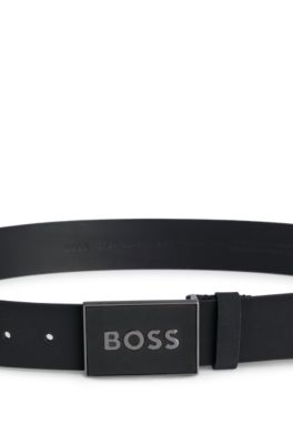 Italian leather belt with logo plaque buckle, Black