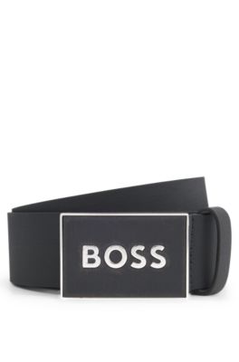 Hugo Boss Italian-leather Belt With Textured Plaque Buckle In Black