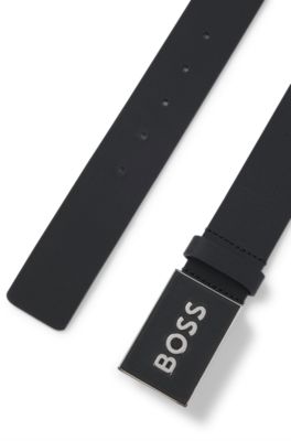 Cintur&oacute;n de piel italiana con hebilla con placa y logo, Negro