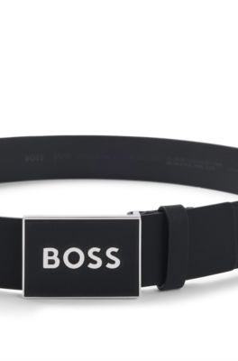 Cintur&oacute;n de piel italiana con hebilla con placa y logo, Negro