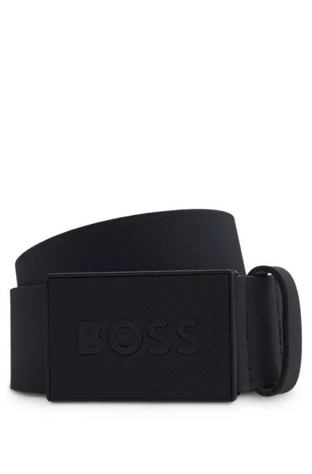 Italian leather belt with logo-plaque buckle