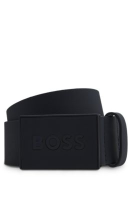 Italian leather belt with logo-plaque buckle, Dark Blue