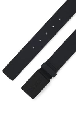 Cintur&oacute;n de piel italiana con hebilla con placa y logo, Azul oscuro