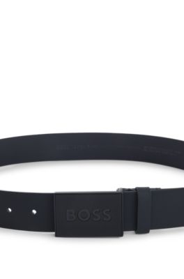 Italian leather belt with logo-plaque buckle, Dark Blue