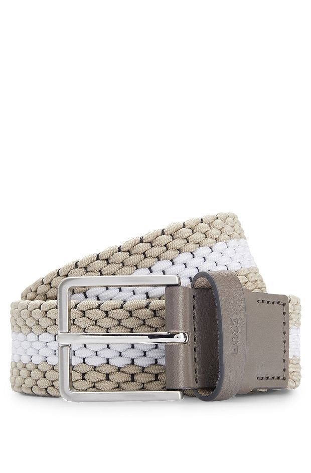 Woven belt with leather trims and contrasting color detail, Light Beige