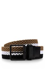 Woven belt with leather trims and contrasting color detail, Patterned