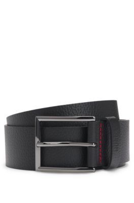 Grained-leather belt with branded keeper, Black