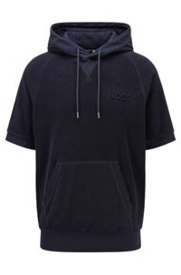 Short-sleeved hooded sweatshirt in cotton-terry toweling, Dark Blue