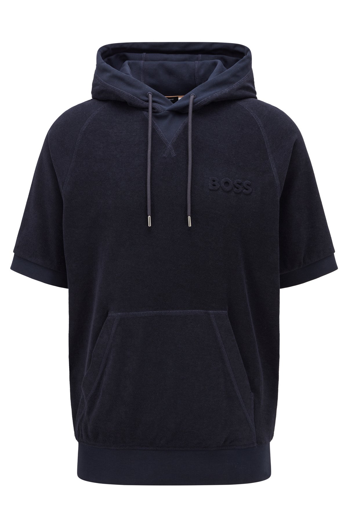 Short-sleeved hooded sweatshirt in cotton-terry toweling, Dark Blue