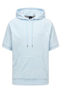 Short-sleeved hooded sweatshirt in cotton-terry toweling, Light Blue
