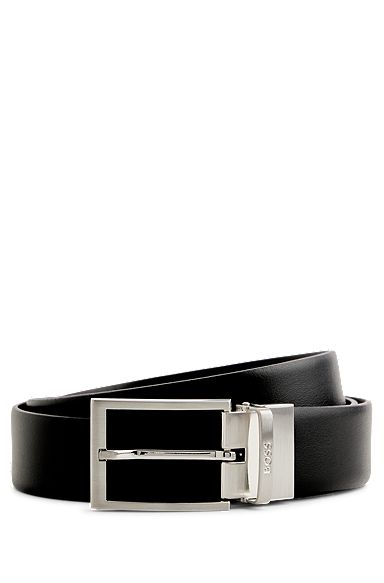Reversible Italian-leather belt with logo keeper, Black
