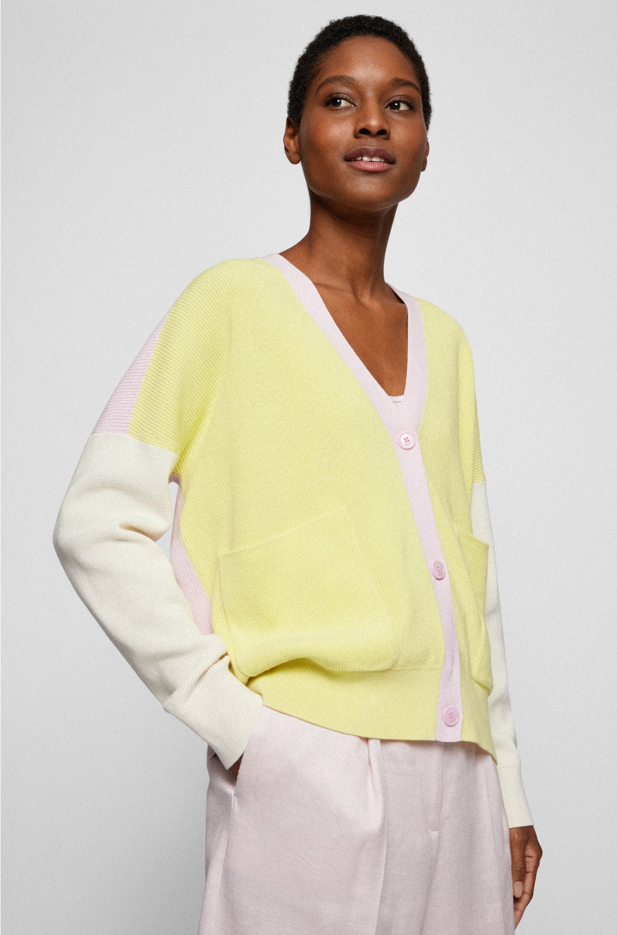 BOSS - Colour-blocked cardigan in cotton and silk