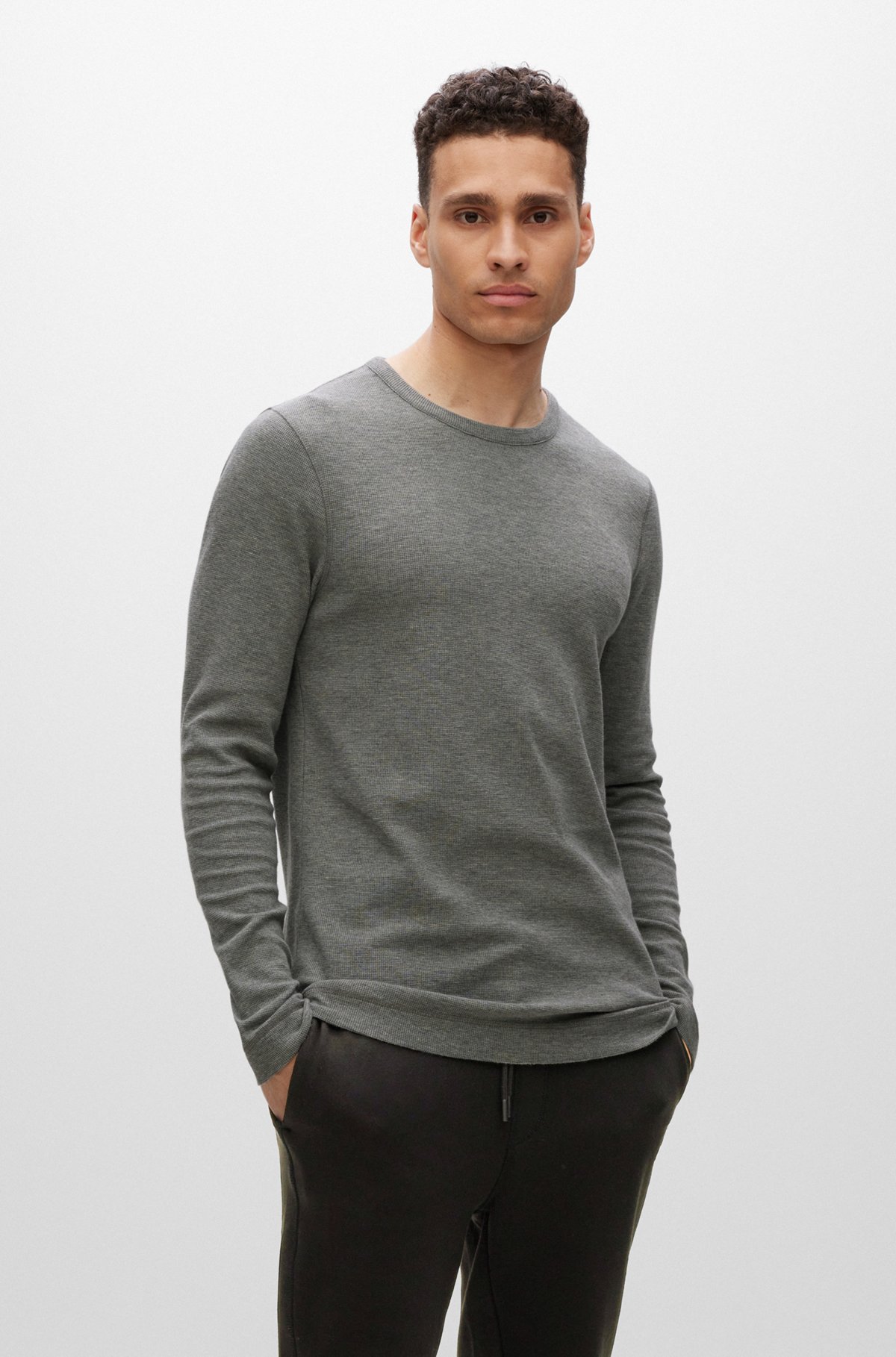 BOSS   Slim fit long sleeved T shirt in waffle cotton