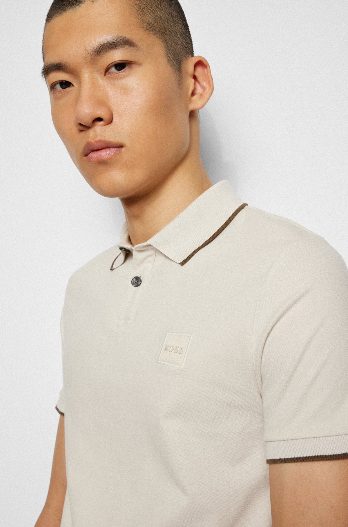 Stretch-cotton slim-fit polo shirt with logo patch, White