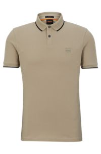 Stretch-cotton slim-fit polo shirt with logo patch, Beige