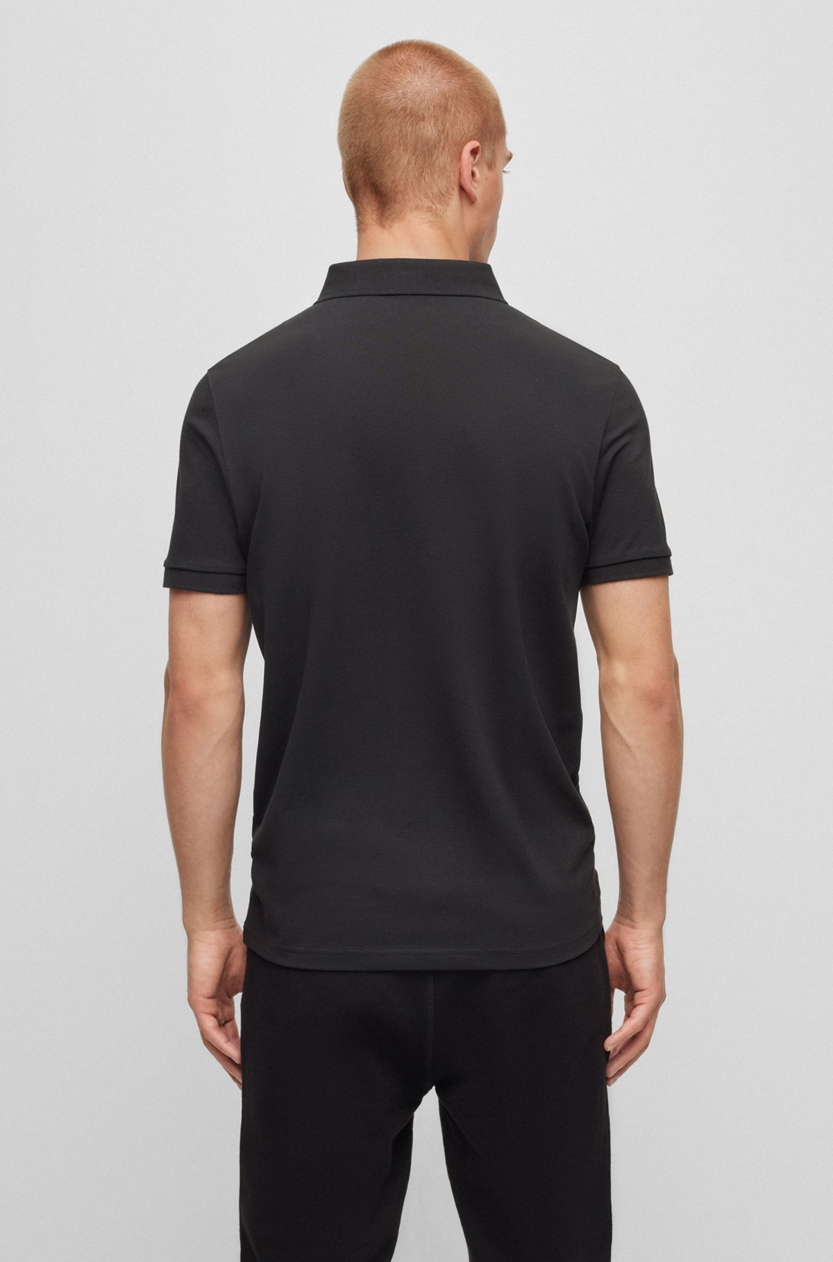 Stretch-cotton slim-fit polo shirt with logo patch, Black