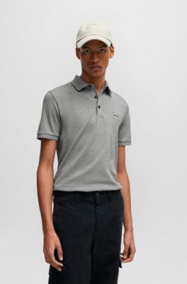 Polo slim fit de algod&oacute;n el&aacute;stico con parche de logo, Gris claro