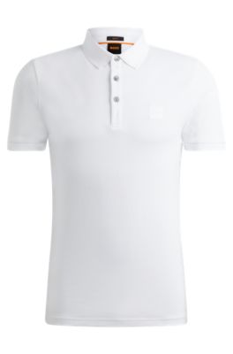Shop Hugo Boss Stretch-cotton Slim-fit Polo Shirt With Logo Patch In White