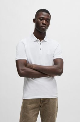 Polo slim fit de algod&oacute;n el&aacute;stico con parche de logo, Blanco