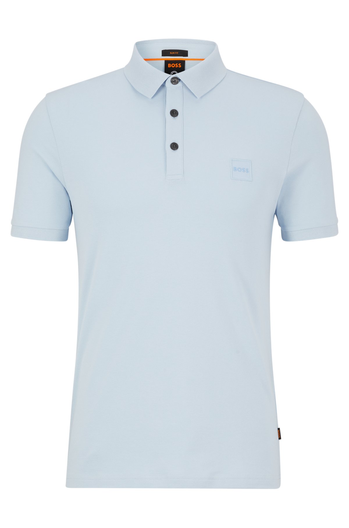 Stretch-cotton slim-fit polo shirt with logo patch, Light Blue