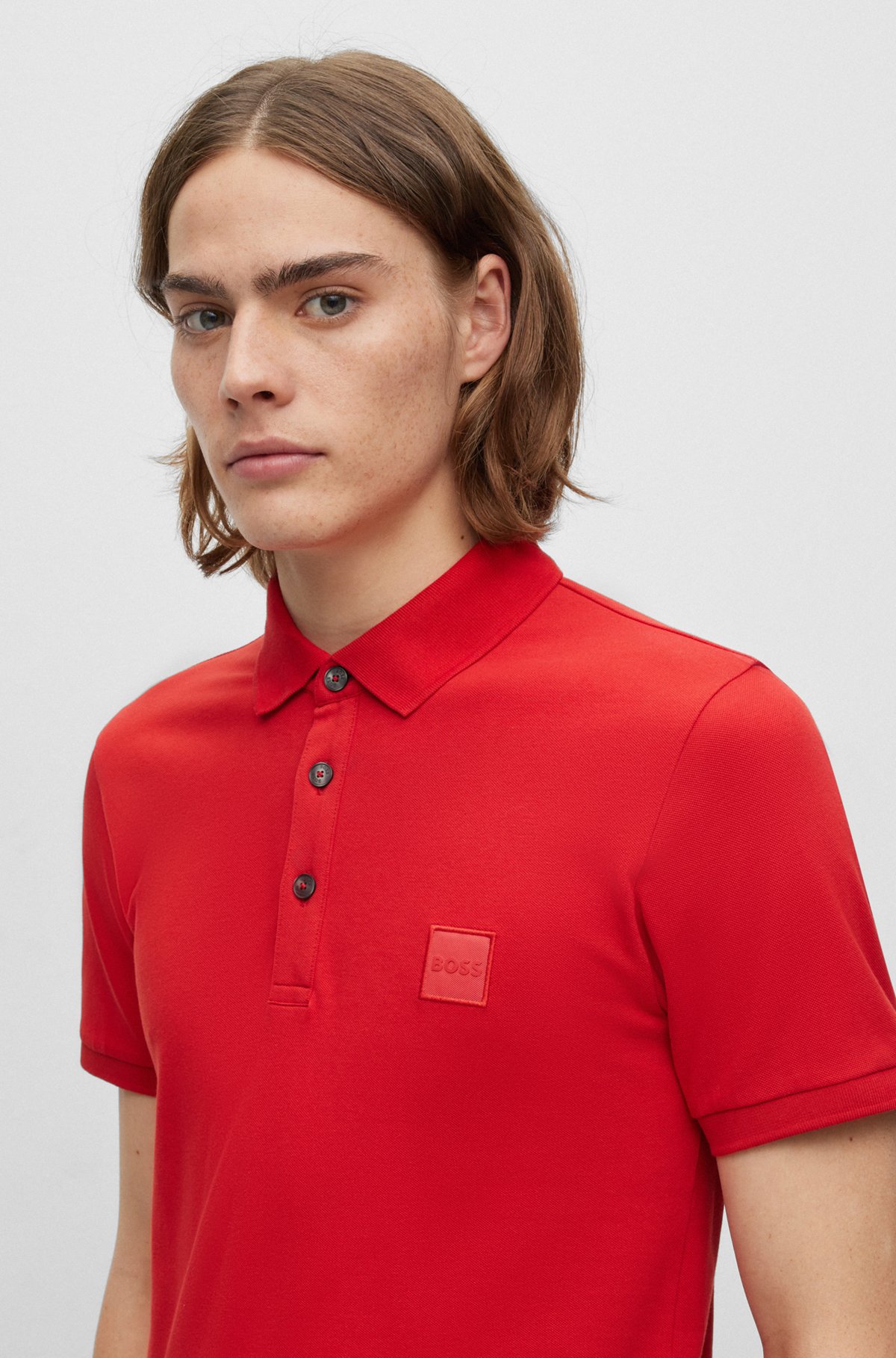 Stretch-cotton slim-fit polo shirt with logo patch, Red