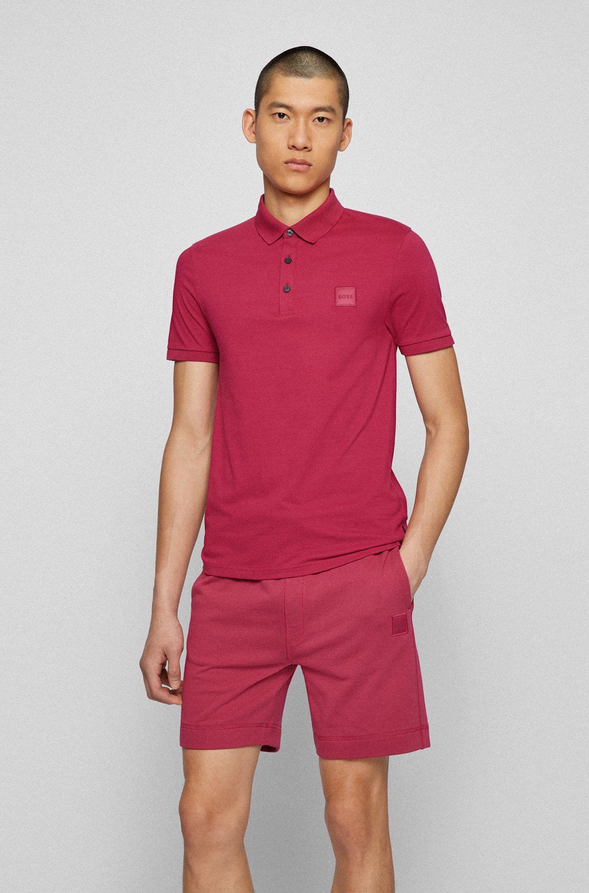Stretch-cotton slim-fit polo shirt with logo patch, Pink