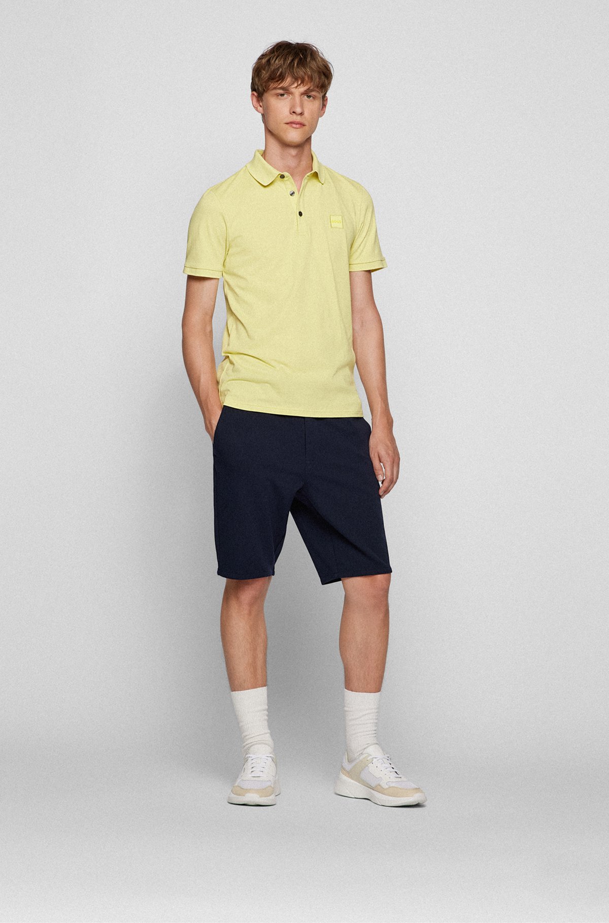 Stretch-cotton slim-fit polo shirt with logo patch, Light Yellow