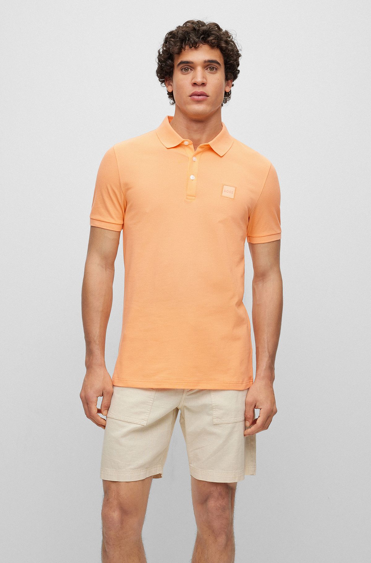 Stretch-cotton slim-fit polo shirt with logo patch, Light Orange