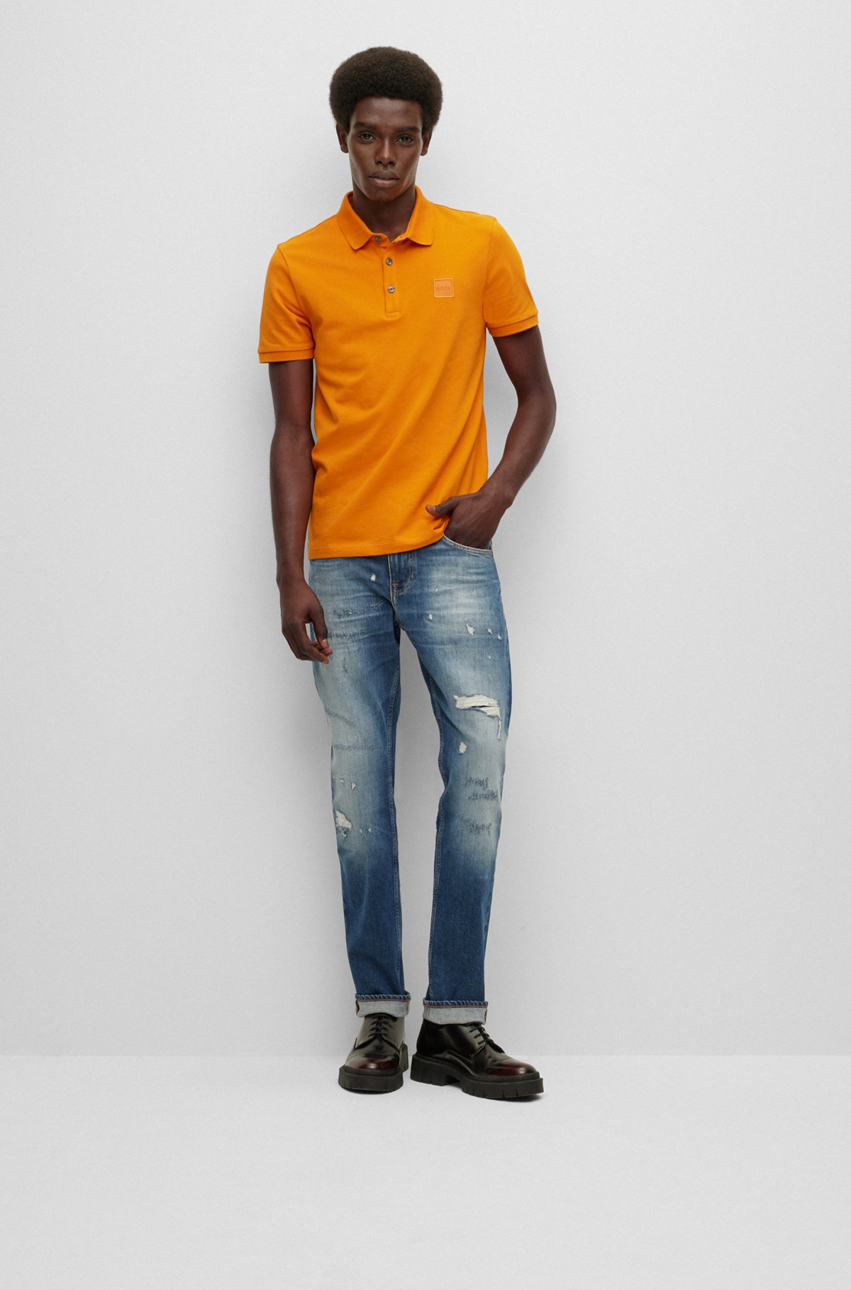 Stretch-cotton slim-fit polo shirt with logo patch, Light Orange