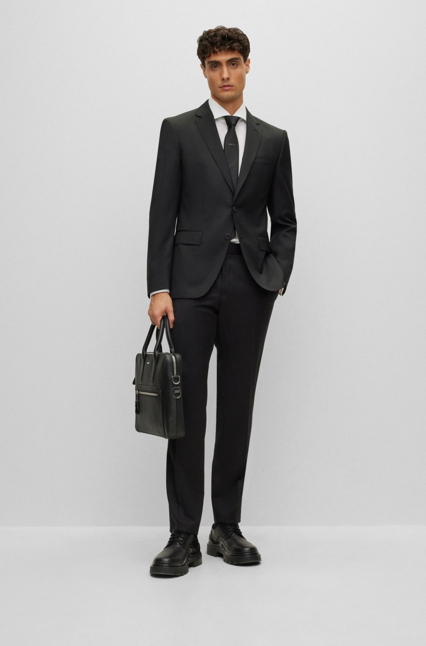 BOSS - Slim-fit jacket in virgin-wool serge - Black