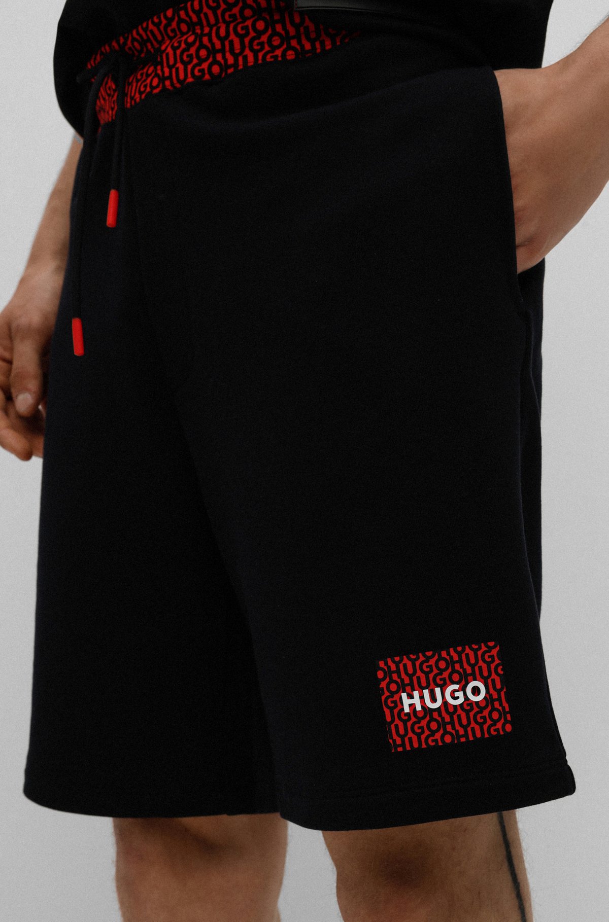 HUGO - French-terry-cotton shorts with repeat-logo waistband