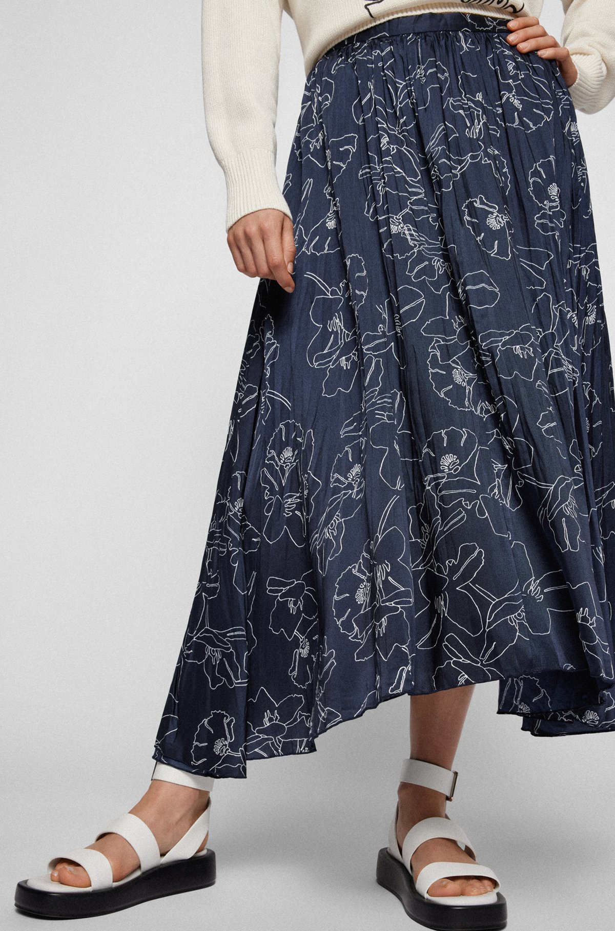 BOSS - Floral-print midi skirt in crinkled recycled fabric