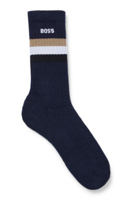 Hugo Boss Quarter-length Cotton-blend Socks With Signature Stripe In Dark Blue