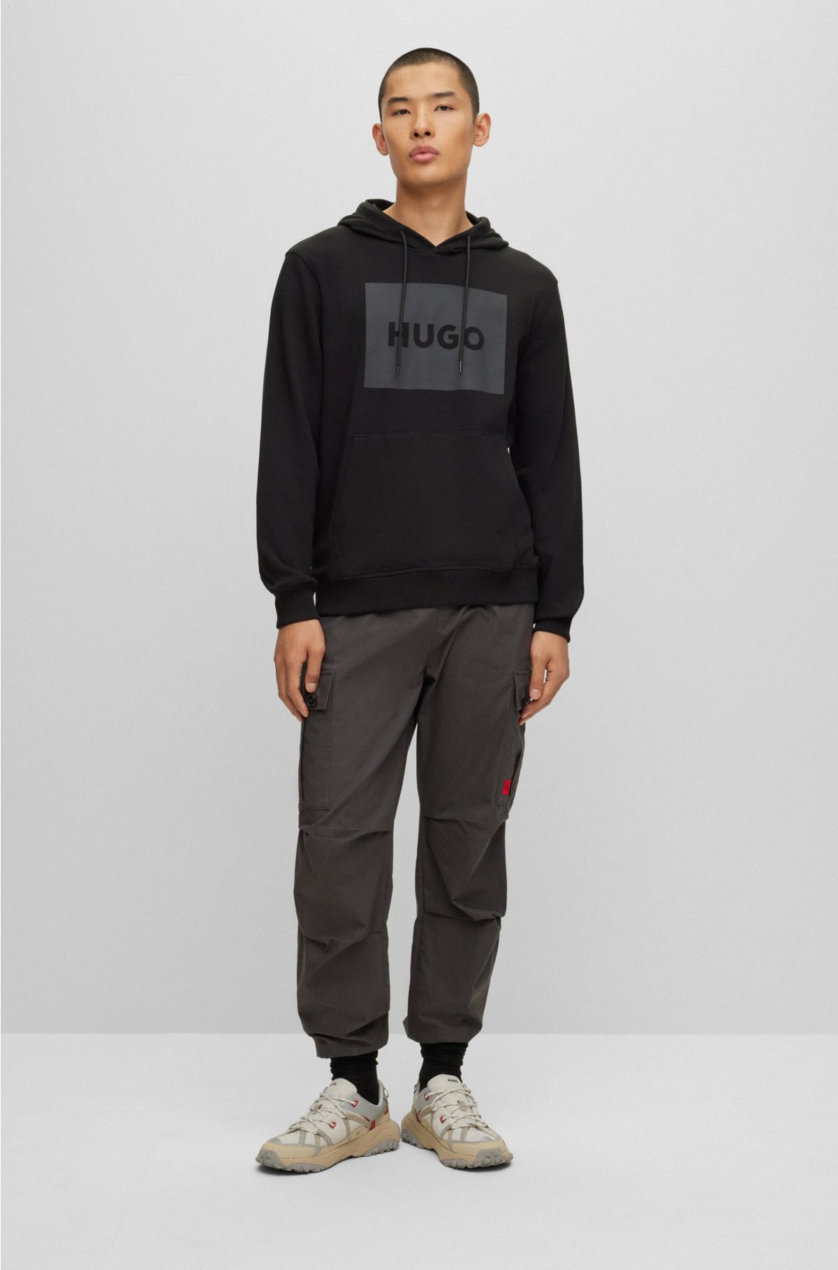 HUGO - Cotton-terry hoodie with oversize logo embroidery