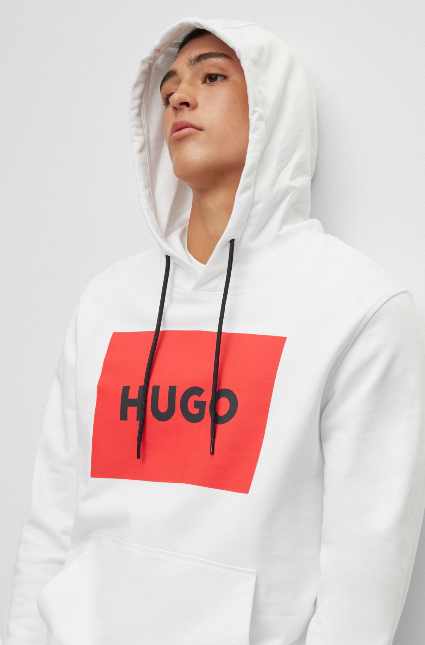 HUGO - Cotton-terry cropped hoodie with vertical logo