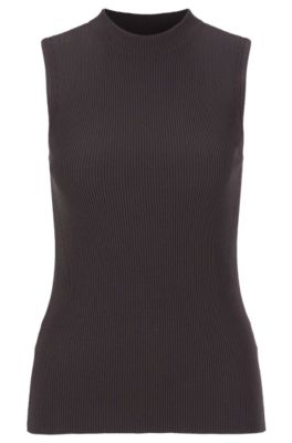 Hugo Boss Sleeveless Mock-neck Top With Ribbed Structure In Dark Grey