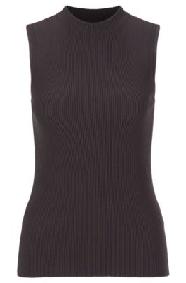 Hugo Boss Sleeveless Mock-neck Top With Ribbed Structure In Dark Grey