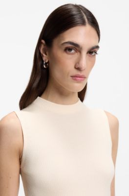 Ribbed top with mock neckline, White