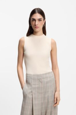 Ribbed top with mock neckline, White