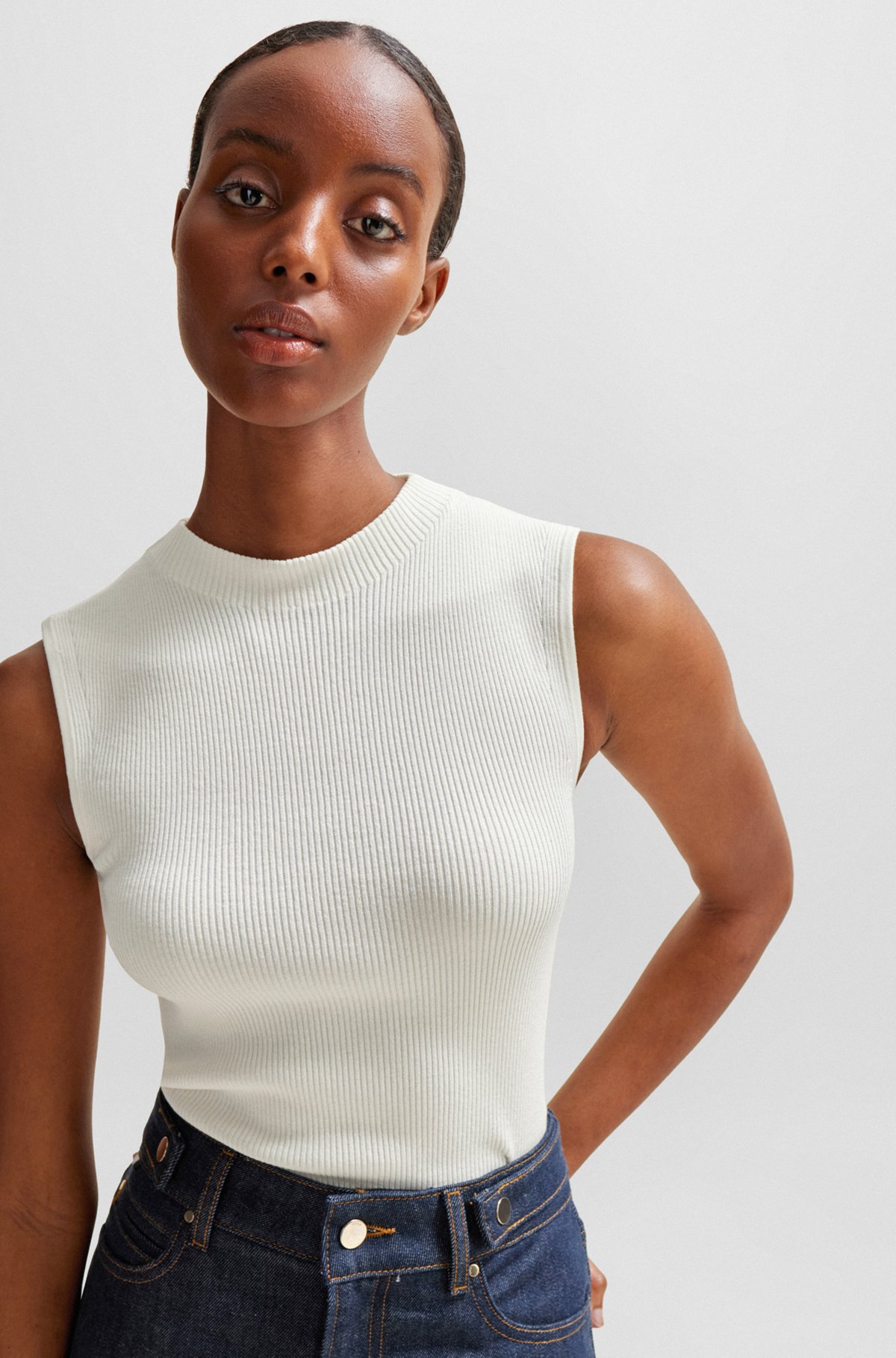 BOSS - Sleeveless mock-neck top with ribbed structure