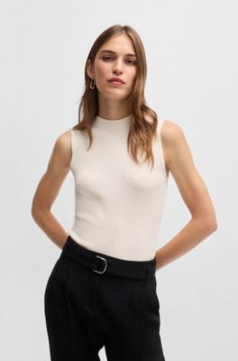 Top de punto de canal&eacute; con cuello caja, Blanco