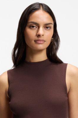 Ribbed top with mock neckline, Dark Brown